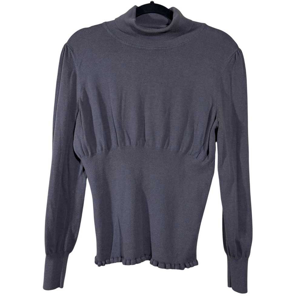 Elle XL Y2K Gray Turtleneck Sweater Empire Waist Ruffle Hem Puff Sleeve Knit